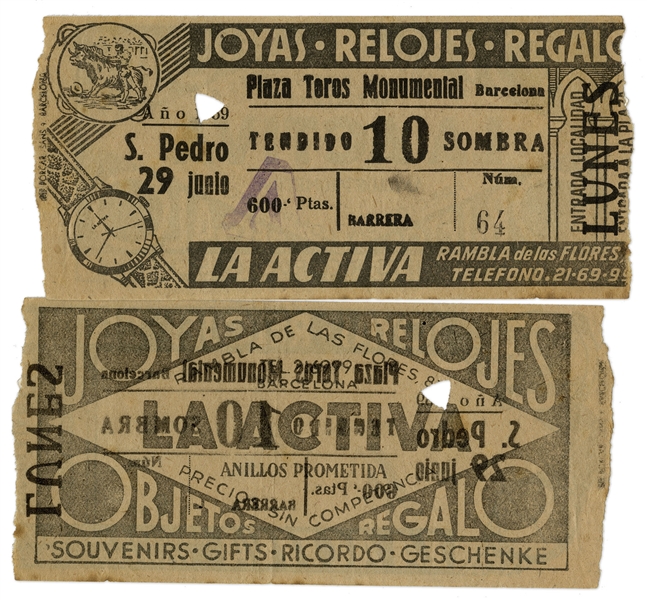 Ernest Hemingway's Own Bullfighting Ticket From 29 June 1959 -- From the ''Plaza Toros Monumental'' in Barcelona, Spain -- Hemingway Wrote About the Bullfights of 1959 in His Final Book