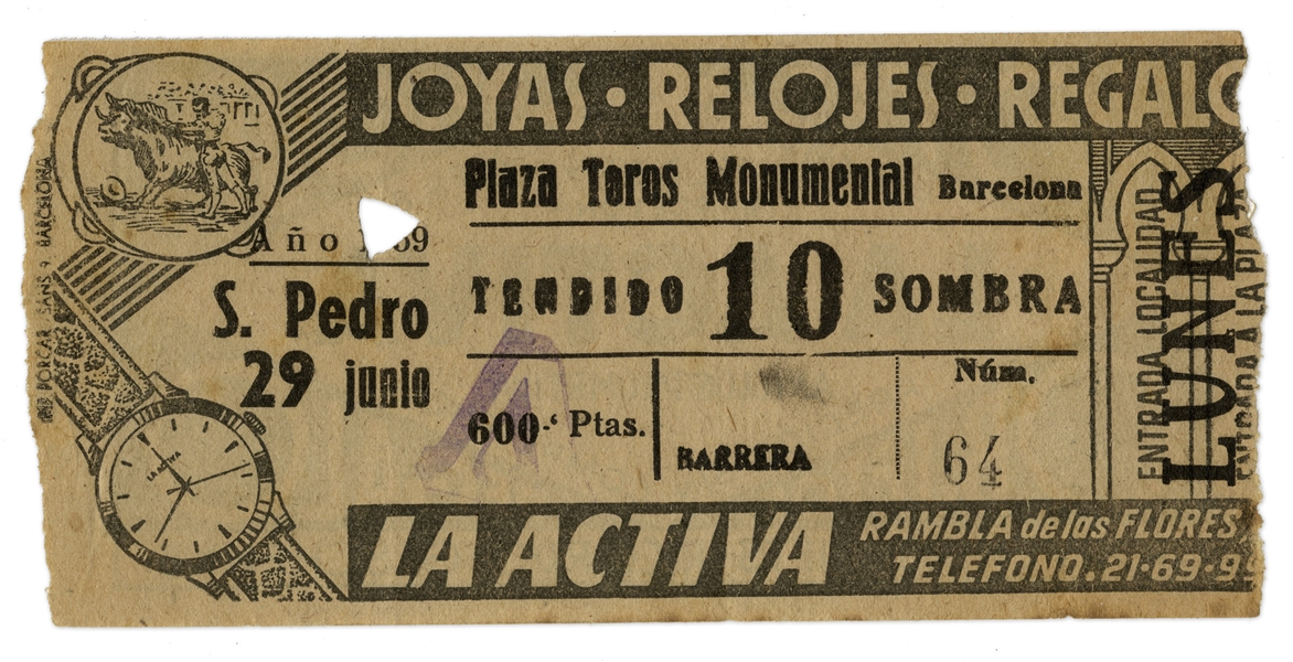 Ernest Hemingway's Own Bullfighting Ticket From 29 June 1959 -- From the ''Plaza Toros Monumental'' in Barcelona, Spain -- Hemingway Wrote About the Bullfights of 1959 in His Final Book