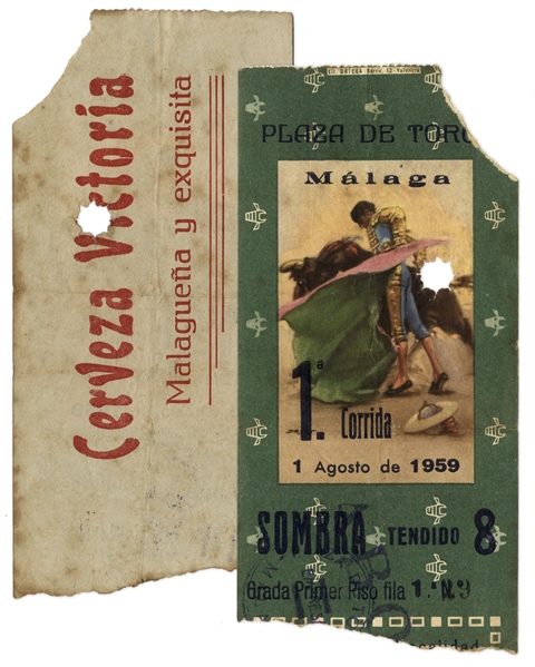 Ernest Hemingway's Own Bullfighting Ticket From 1 August 1959 -- From the ''Plaza de Toros'' in Malaga, Spain -- Hemingway Wrote About the Bullfights of 1959 in His Final Book