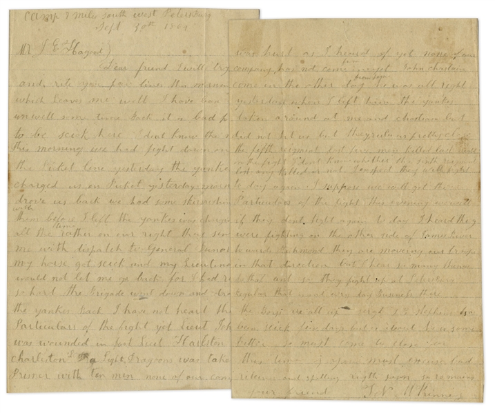 Civil War letter by a Charleston Dragoon, the 4th South Carolina Cavalry -- During the Overland Campaign -- ''...The Fifth Regiment lost five men, killed last night in the fight...''