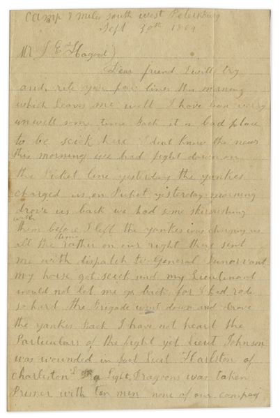Civil War letter by a Charleston Dragoon, the 4th South Carolina Cavalry -- During the Overland Campaign -- ''...The Fifth Regiment lost five men, killed last night in the fight...''