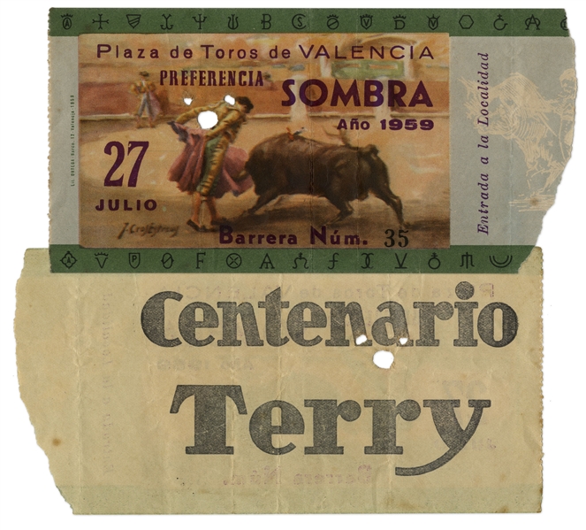 Ernest Hemingway's Own Bullfighting Ticket From 27 July 1959 -- From the ''Plaza de Toros de Valencia'' -- Hemingway Wrote About the Bullfights of 1959 in His Final Book