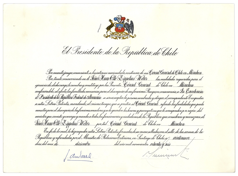 Augusto Pinochet Signed Declaration, Appointing the German Consul for Chile