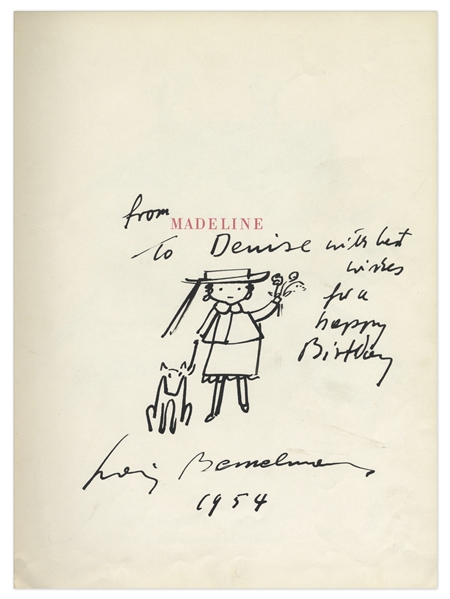 Ludwig Bemelmans Hand Drawn Illustration of Madeline With Her Dog -- Signed & Drawn Inside Copy of ''Madeline''
