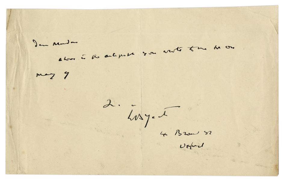 William Butler Yeats Signed Note to Fan