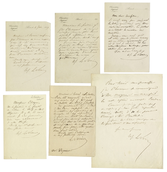 Urbaine Le Verrier Lot of 6 Autograph Letters Signed -- Astronomer Who Discovered Neptune