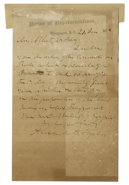 Alexander Stephens Autograph Letter Signed -- Upon House of Representatives Stamped Stationery