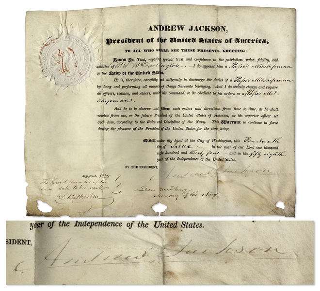 Andrew Jackson 1834 Naval Appointment Signed as President