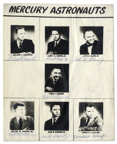 Mercury 7 Astronauts Page Signed Next to Their Photos -- M. Scott Carpenter, Leroy Cooper, John Glenn, Virgil Grissom, Walter Schirra, Alan Shepard & Donald K. Slayton