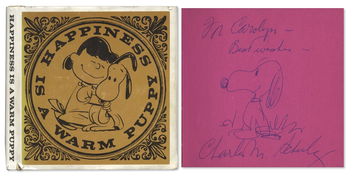 Charles Schulz Original Drawing of Snoopy -- Drawn Inside His Classic ''Happiness Is a Warm Puppy''