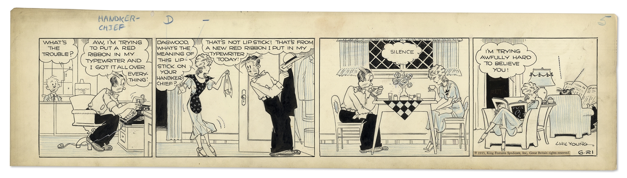 Chic Young Hand-Drawn ''Blondie'' Comic Strip From 1935 Titled ''The Danger Signal''
