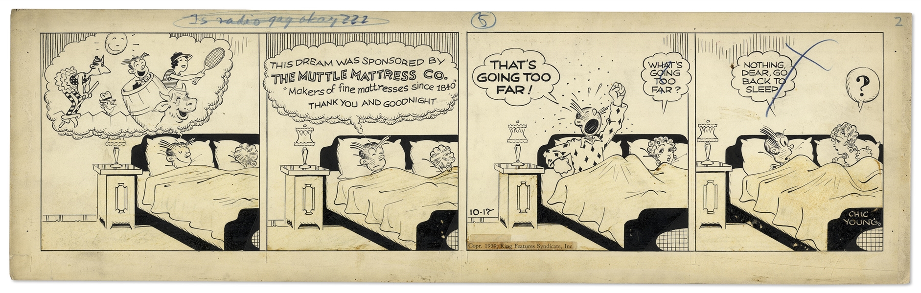Chic Young Hand-Drawn ''Blondie'' Comic Strip From 1939 Titled ''The Sandman Does a Commercial!''