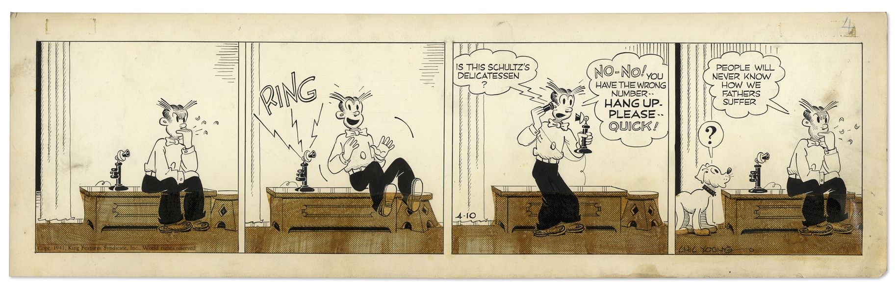 Chic Young Hand-Drawn ''Blondie'' Comic Strip From 1941 Titled ''The Paternity Ward'' -- Dagwood Awaits the Arrival of Cookie's Birth!