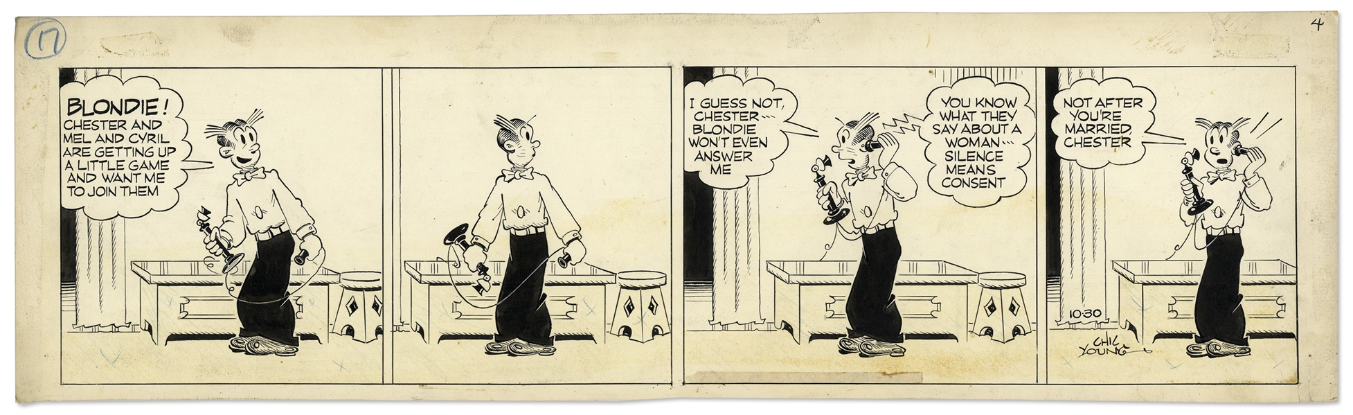 Chic Young Hand-Drawn ''Blondie'' Comic Strip From 1941 Titled ''His Cards on the Table''