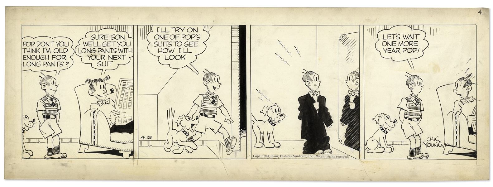 Chic Young Hand-Drawn ''Blondie'' Comic Strip From 1944 Titled ''Today I Am a Man!''