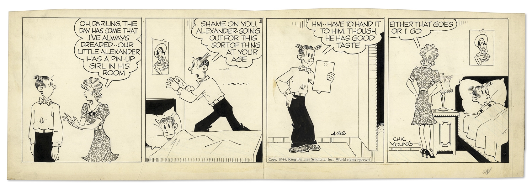 Chic Young Hand-Drawn ''Blondie'' Comic Strip From 1944 Titled ''Blondie-His Pin-Down Girl!''