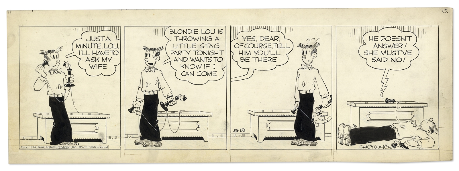 Chic Young Hand-Drawn ''Blondie'' Comic Strip From 1944 Featuring Dagwood -- Titled, ''He Can't Take It''