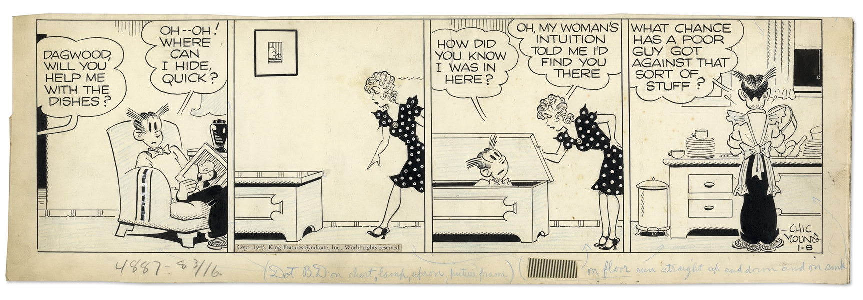 Chic Young Hand-Drawn ''Blondie'' Comic Strip From 1945 Titled ''Impossible to Him''
