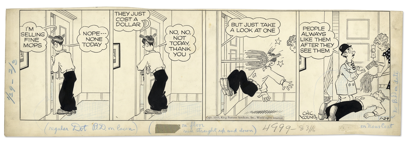 Chic Young Hand-Drawn ''Blondie'' Comic Strip From 1945 Featuring Blondie & Dagwood -- Titled, ''A New Point in Selling''
