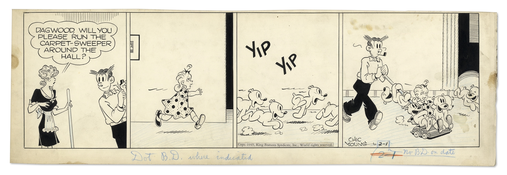 Chic Young Hand-Drawn ''Blondie'' Comic Strip From 1945 Titled, ''The Children's Hour''