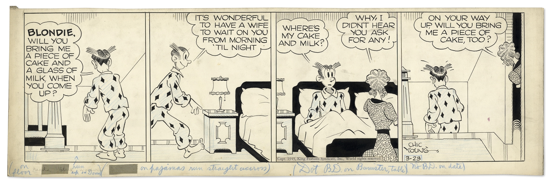 Chic Young Hand-Drawn ''Blondie'' Comic Strip From 1945 Featuring Blondie & Dagwood -- Titled, ''Self Service''
