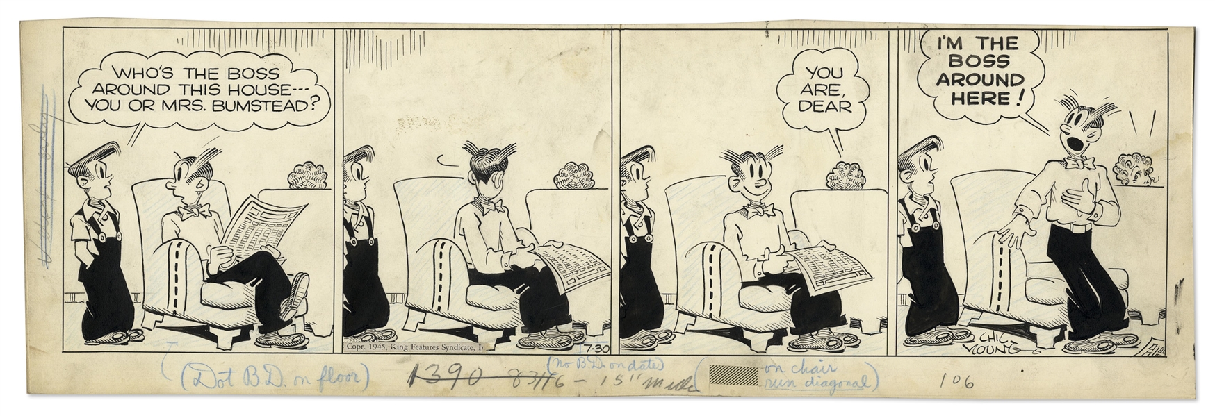 Chic Young Hand-Drawn ''Blondie'' Comic Strip From 1945 Featuring Blondie & Dagwood -- Titled, ''Just an Honorary Title''