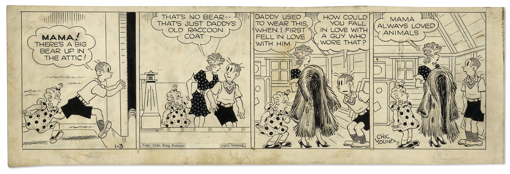Chic Young Hand-Drawn ''Blondie'' Comic Strip From 1946 Featuring Blondie, Cookie & Alexander -- Titled, ''But His Sheep's Eyes Got Her''