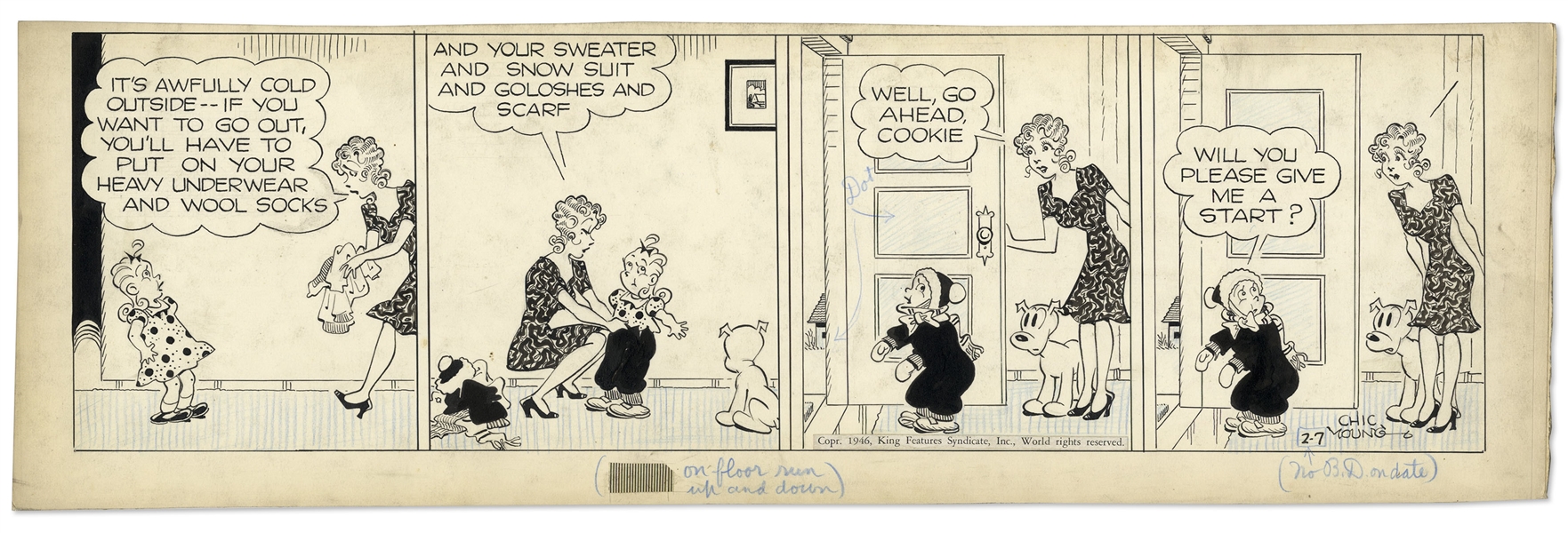 Chic Young Hand-Drawn ''Blondie'' Comic Strip From 1946 Titled '' Muscle Bound''