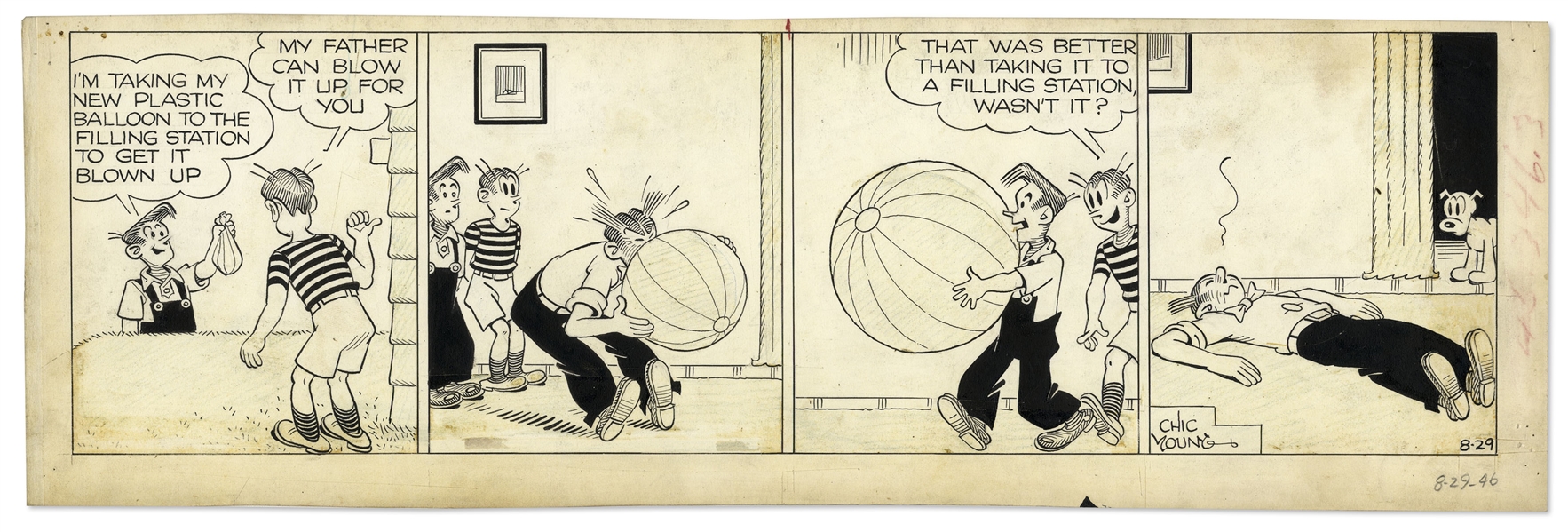 Chic Young Hand-Drawn ''Blondie'' Comic Strip From 1946 Featuring Dagwood & Alexander -- Titled, ''Deflated''