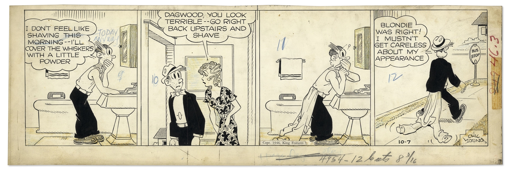 Chic Young Hand-Drawn ''Blondie'' Comic Strip From 1946 Featuring Blondie & Dagwood -- Titled, ''Neat But Not Gaudy''