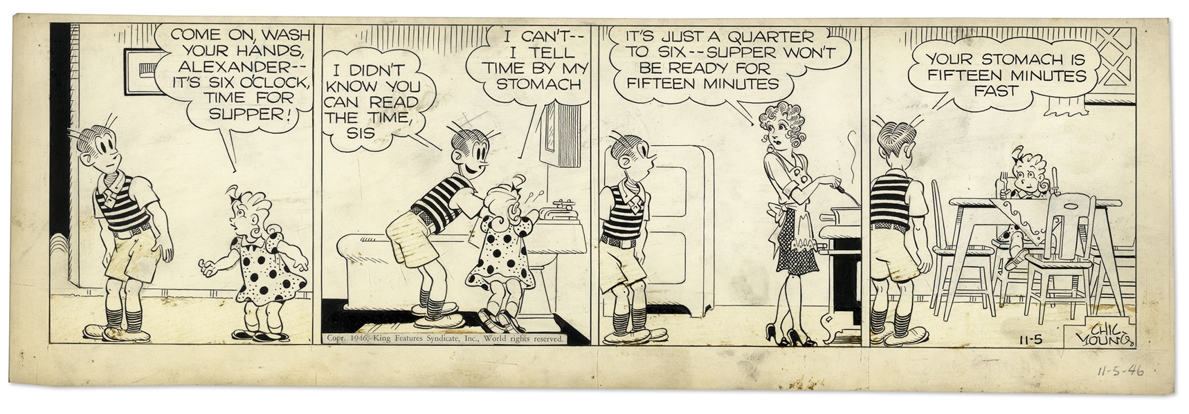 Chic Young Hand-Drawn ''Blondie'' Comic Strip From 1946 Titled ''A Sundial Off the Beam!''