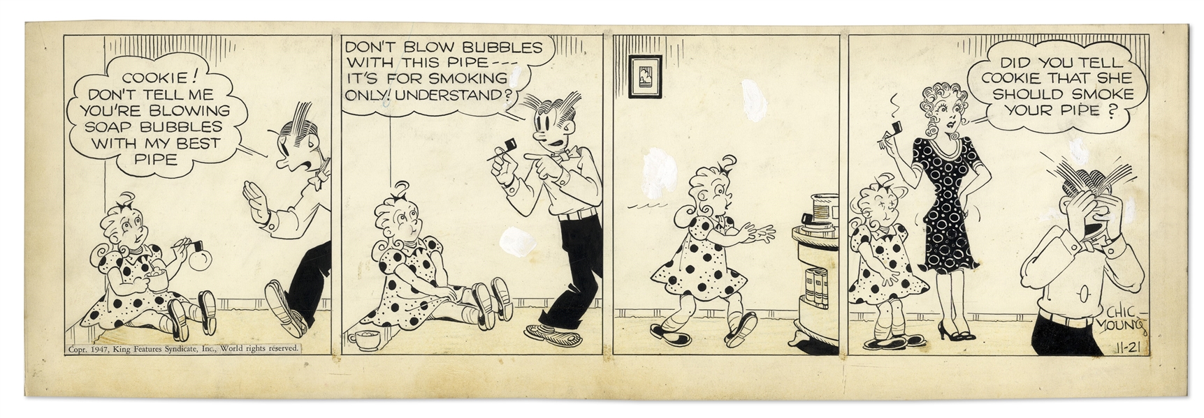 Chic Young Hand-Drawn ''Blondie'' Comic Strip From 1947 Featuring Blondie & Dagwood -- Titled, ''Father Under a Cloud!''