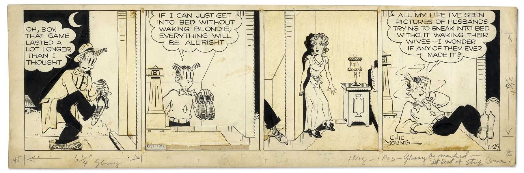 Chic Young Hand-Drawn ''Blondie'' Comic Strip From 1947 Featuring Blondie & Dagwood -- Titled, ''Another Indian Bites The Dust!''
