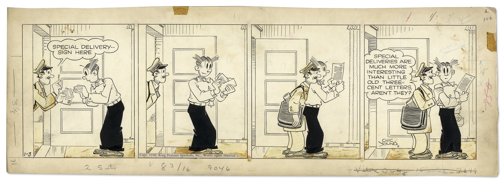 Chic Young Hand-Drawn ''Blondie'' Comic Strip From 1948 Featuring Dagwood -- Titled, ''Interested in His Work!''