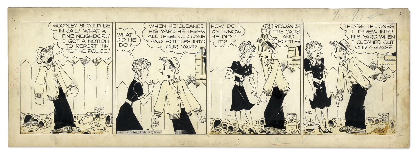 Chic Young Hand-Drawn ''Blondie'' Comic Strip From 1948 Featuring Blondie & Dagwood -- Titled ''A Round Trip''