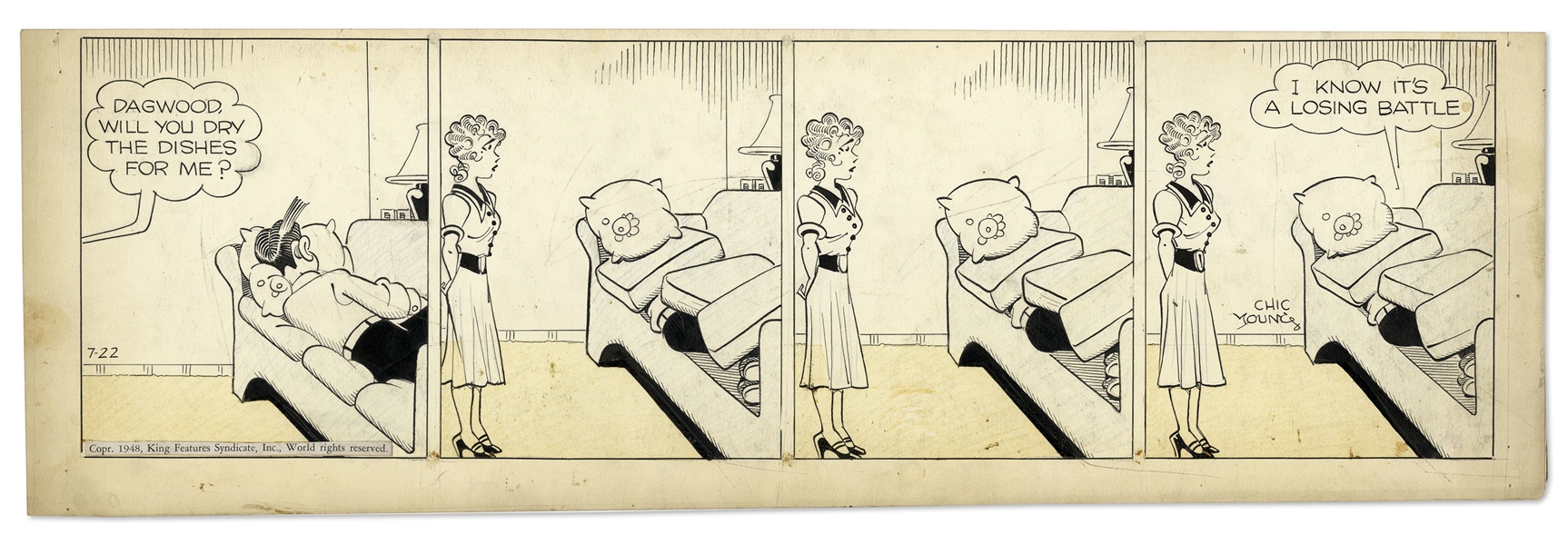 Chic Young Hand-Drawn ''Blondie'' Comic Strip From 1948 Featuring Blondie & Dagwood -- Titled ''It's The Ostrich in Him!''