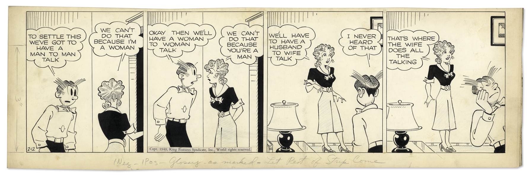 Chic Young Hand-Drawn ''Blondie'' Comic Strip From 1949 Titled ''Silent Partner!''