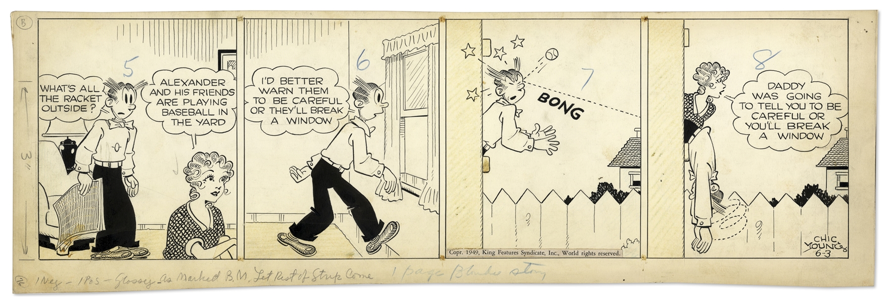 Chic Young Hand-Drawn ''Blondie'' Comic Strip From 1949 Titled ''Ump in a Slump''