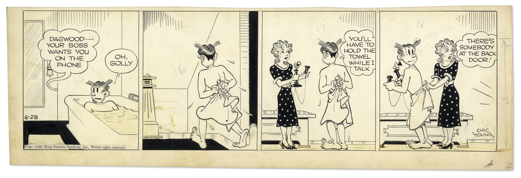 Chic Young Hand-Drawn ''Blondie'' Comic Strip From 1949 Titled ''Anybody Got a Pin?''