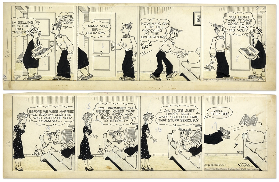 2 Chic Young Hand-Drawn ''Blondie'' Comic Strips From 1950 Titled ''It's That Man Again!'' & ''Blindman's Bluff''