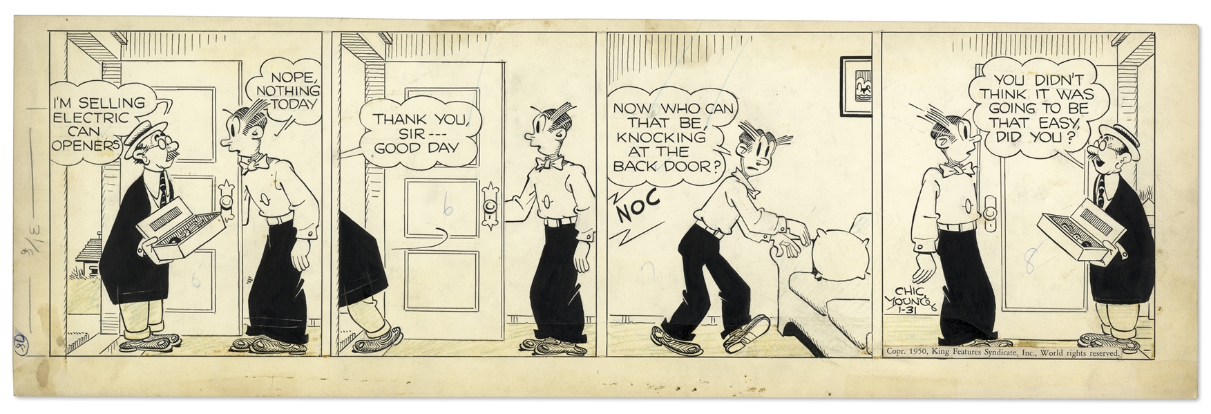 2 Chic Young Hand-Drawn ''Blondie'' Comic Strips From 1950 Titled ''It's That Man Again!'' & ''Blindman's Bluff''
