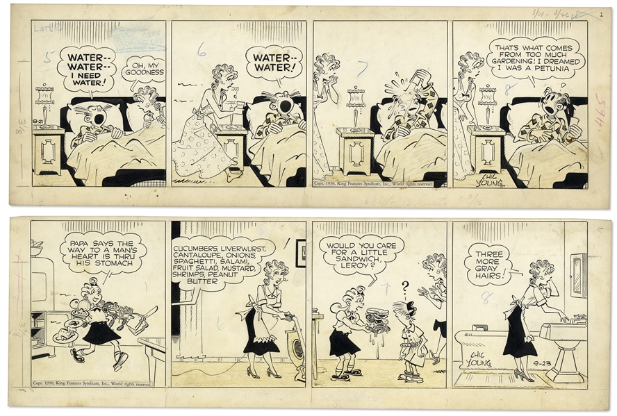 2 Chic Young Hand-Drawn ''Blondie'' Comic Strips From 1950 Titled ''Nip Him in the Bud, Blondie!'' and ''Why Mothers Dye Young''