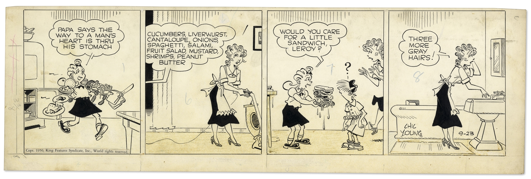 2 Chic Young Hand-Drawn ''Blondie'' Comic Strips From 1950 Titled ''Nip Him in the Bud, Blondie!'' and ''Why Mothers Dye Young''