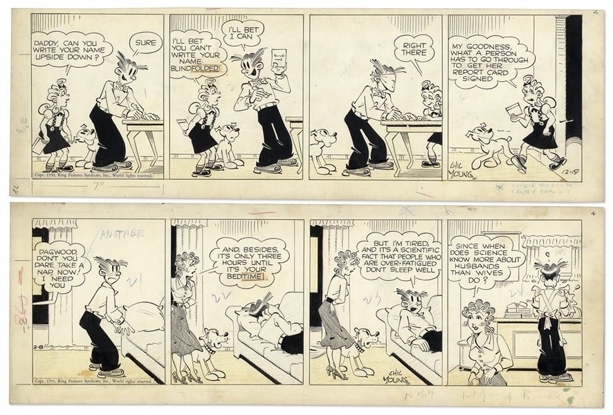 2 Chic Young Hand-Drawn ''Blondie'' Comic Strips Titled ''All Validated Now'' and ''It's An Art''