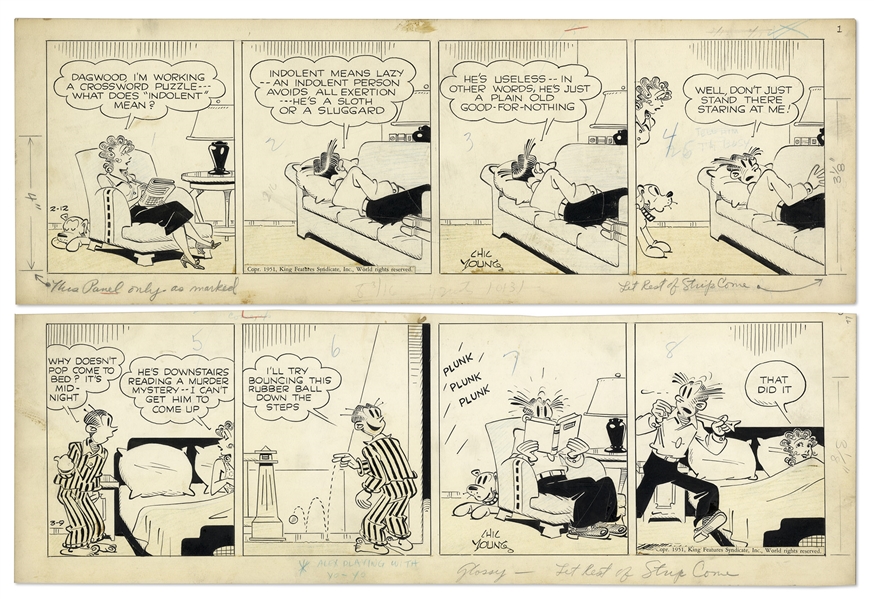 2 Chic Young Hand-Drawn ''Blondie'' Comic Strips From 1951 Titled ''He's a Horizontal Word for it!'' and ''A Slight Case of Haunting''