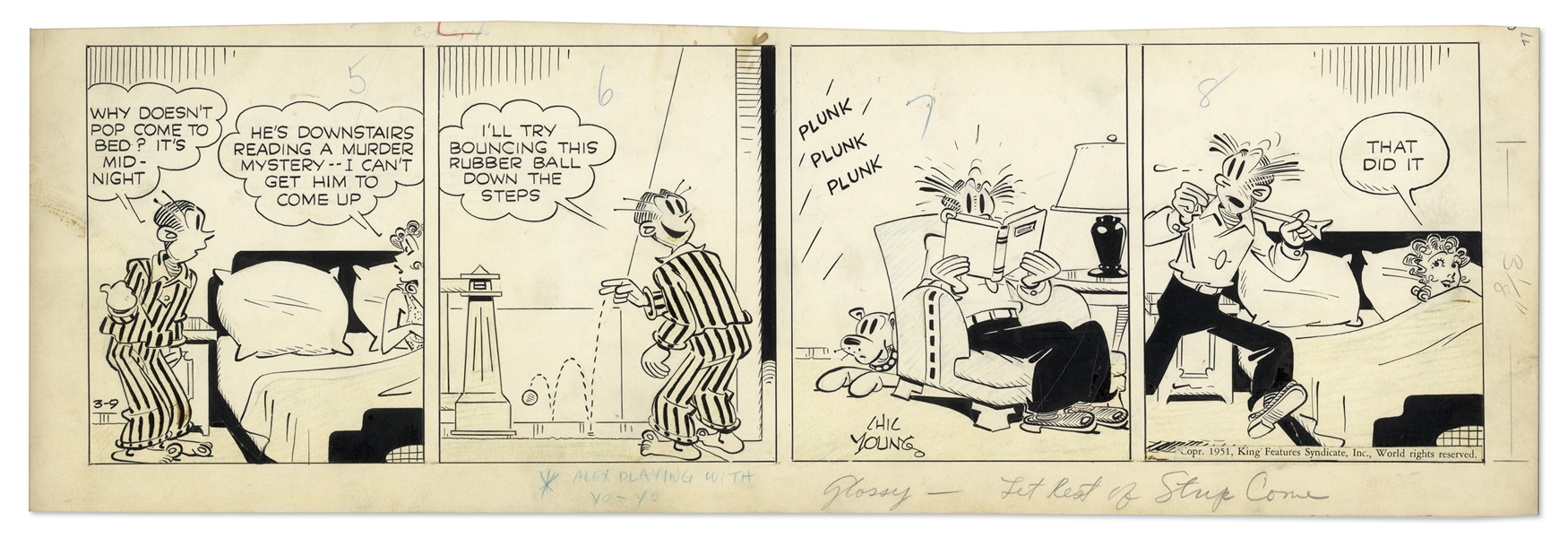2 Chic Young Hand-Drawn ''Blondie'' Comic Strips From 1951 Titled ''He's a Horizontal Word for it!'' and ''A Slight Case of Haunting''