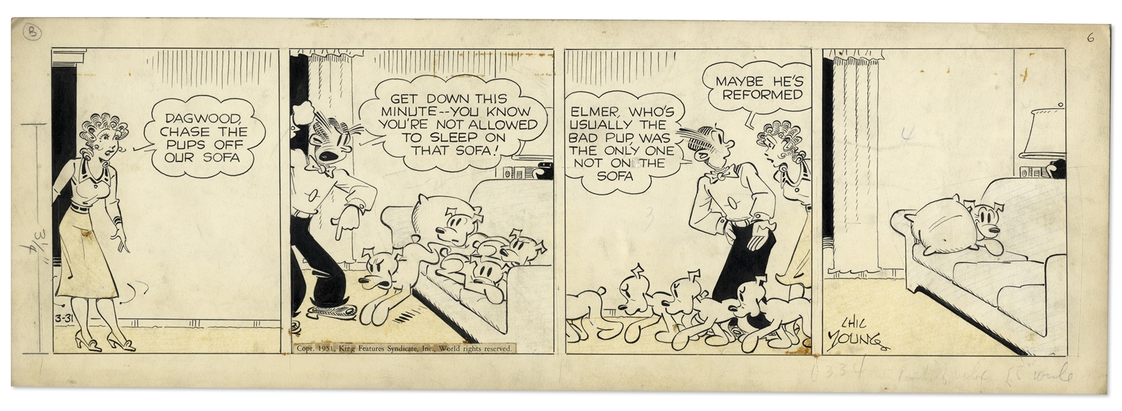 2 Chic Young Hand-Drawn ''Blondie'' Comic Strips From 1951 Titled ''The Stowaway!'' and ''It Needs a Permanent!''
