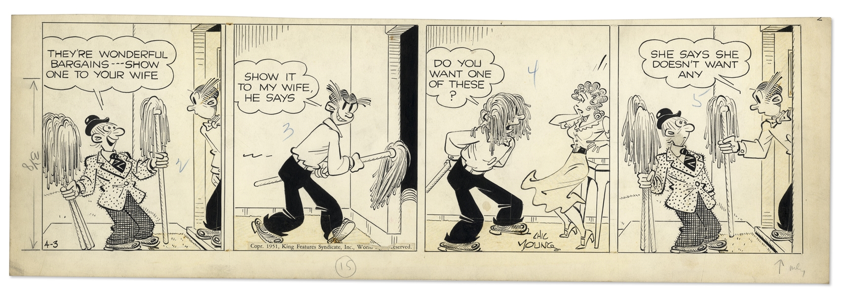 2 Chic Young Hand-Drawn ''Blondie'' Comic Strips From 1951 Titled ''The Stowaway!'' and ''It Needs a Permanent!''