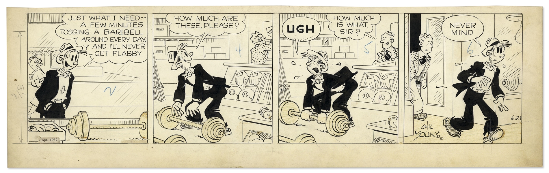 Lot of 2 Chic Young Hand-Drawn ''Blondie'' Comic Strips From 1952 -- Titled ''It's a Love Story He's Reading'' and ''His Budget's Enough to Balance''