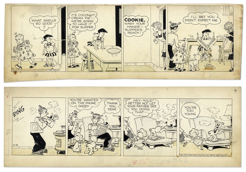 Lot of 2 Chic Young Hand-Drawn ''Blondie'' Comic Strips From 1952 -- Titled ''Pipe Down, Midge'' & ''Something Has Been Added!''